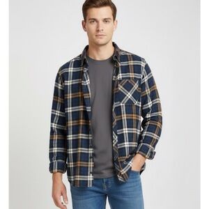 DENIM & FLOWER Plaid Button Down Flannel Shirt, Men’s Size XL, Blue Brown